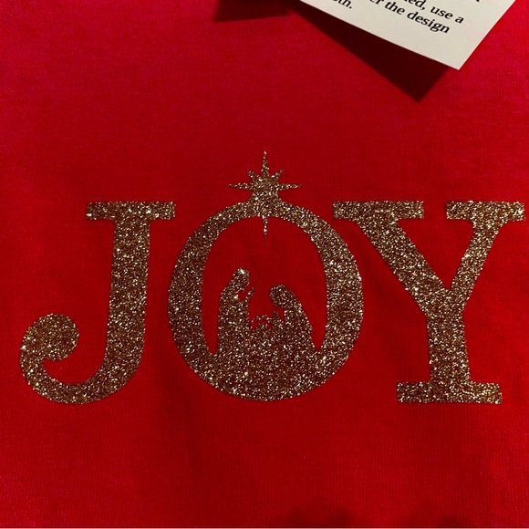 Bright red Christmas themed long sleeve t-shirt with gold sparkle emblem, NWT - Picture 5 of 6